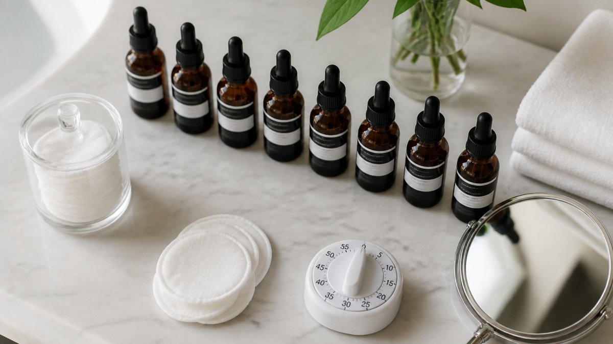 Overhead shot of a bathroom counter lined with small amber dropper bottles of peel solutions, cotton pads, a timer, and a hand mirror in soft natural light