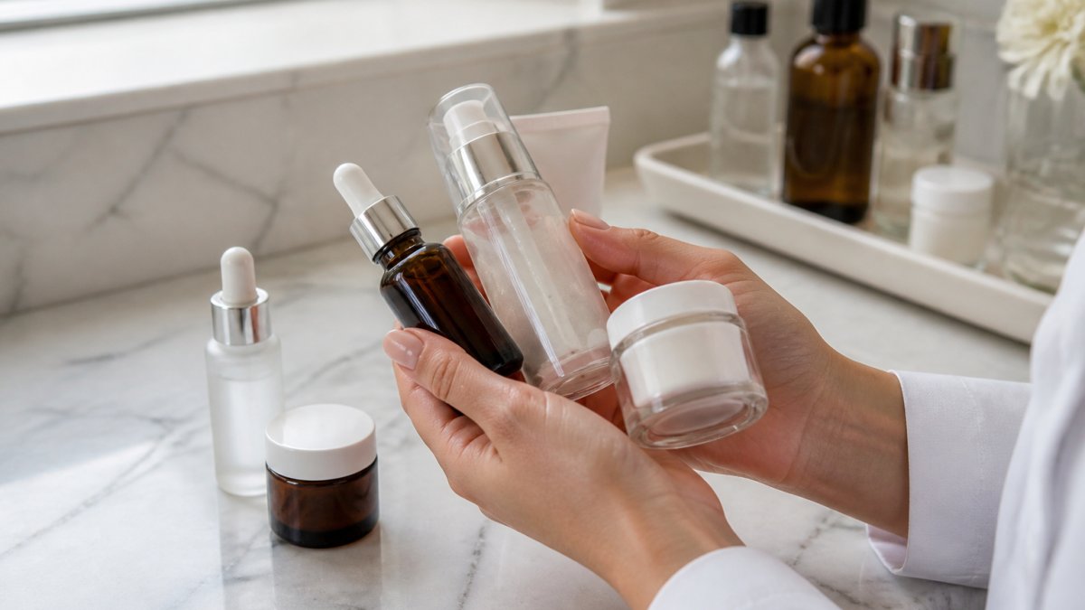 Hands holding skincare bottles on a marble surface for dermatologist recommended treatments for dark spots