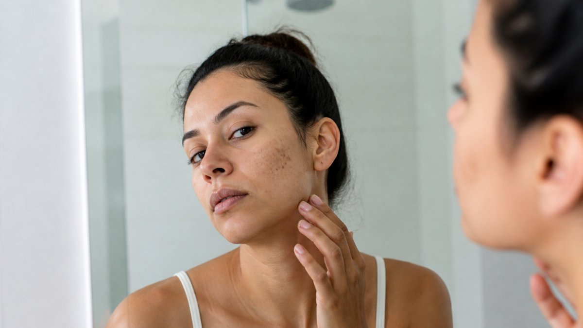 Infographic comparing acne scars vs hyperpigmentation using a close-up of dark spots on a woman’s cheek.