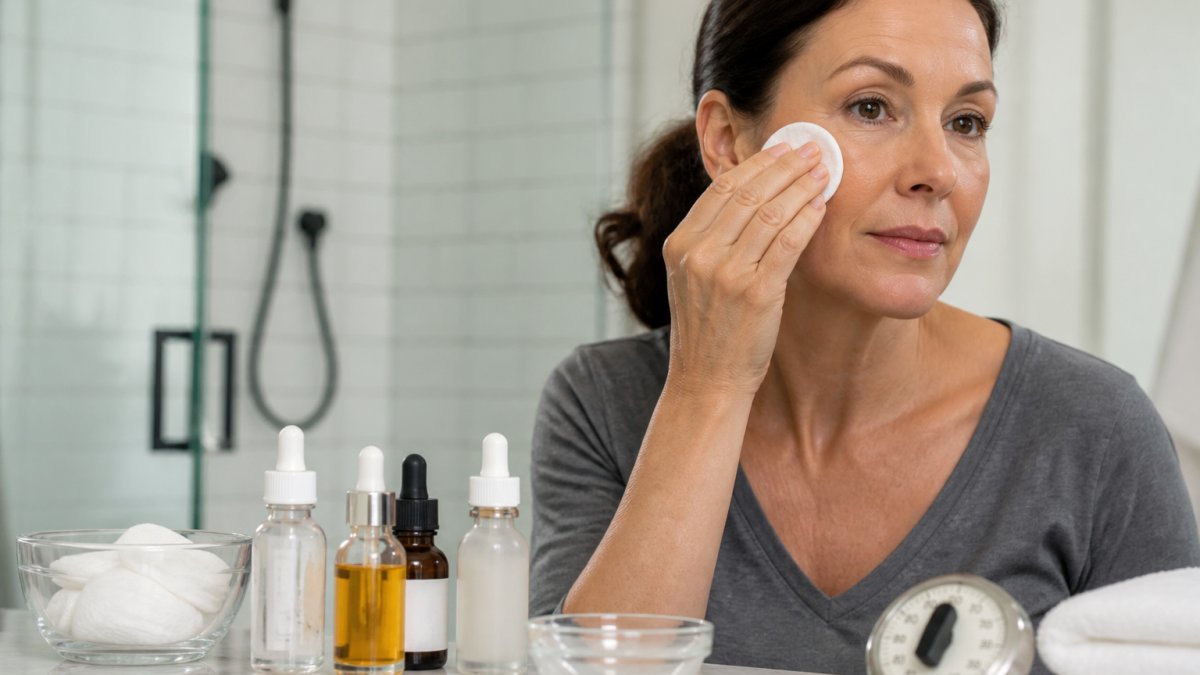 Close-up of a woman in her forties applying a thin layer of clear peel solution to her cheek with a cotton pad in a bright bathroom, skincare bottles and a timer visible on the counter