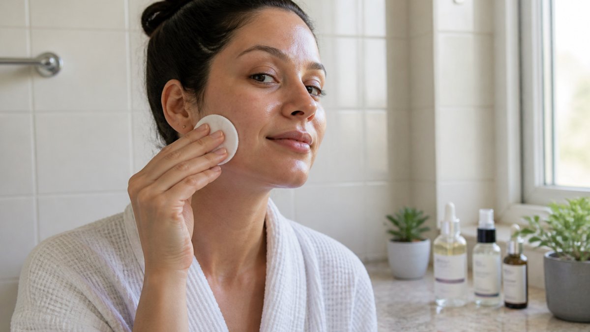 Person applying clear chemical exfoliant to clean facial skin using a cotton pad in natural morning light, with skincare bottles visible on bathroom counter