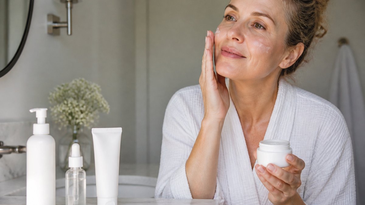 A woman in her 40s gently applying a fragrance-free moisturizer to her face in a softly lit bathroom, with a simple lineup of gentle cleanser, hydrating serum, and sunscreen on the counter