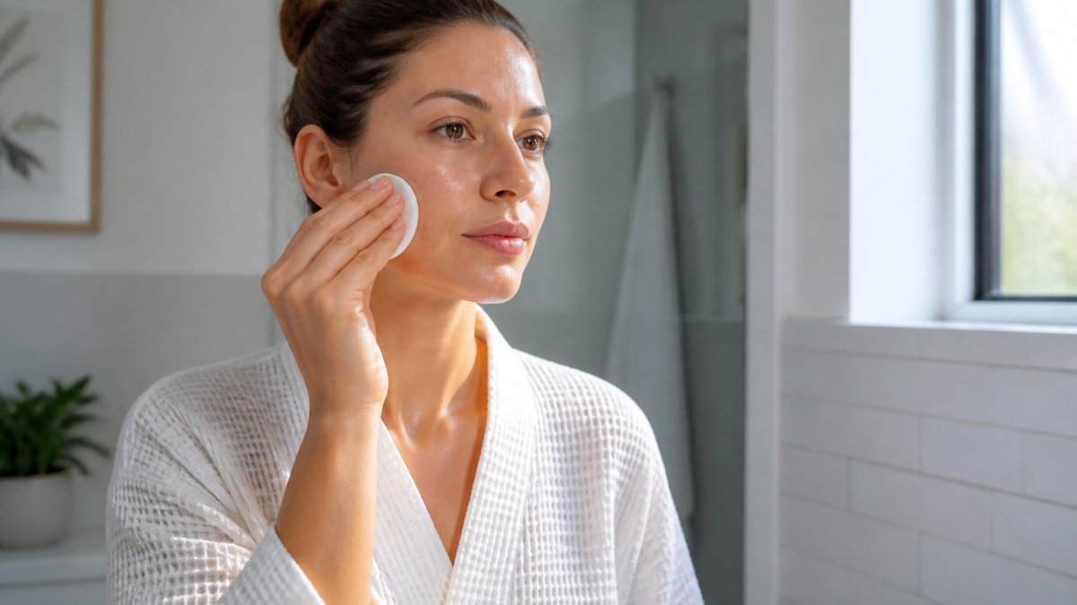 A person carefully applying neutralizer solution to their face with a cotton pad in a bright bathroom, focused and gentle technique, soft natural light
