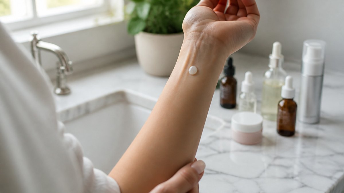 Woman performing a patch test with skincare on her inner wrist for sensitive skin