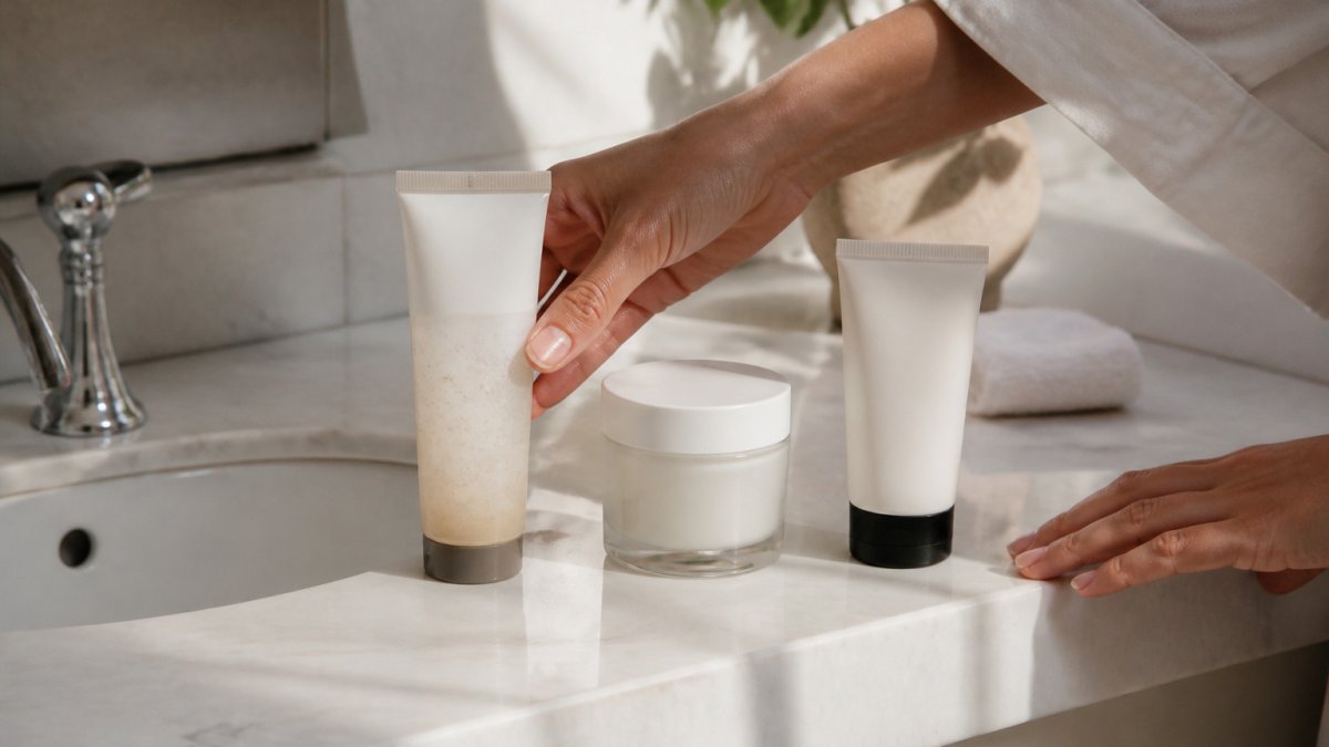 Gentle cleanser, moisturizer, and sunscreen lined up on a bathroom counter for a daily sunscreen routine.
