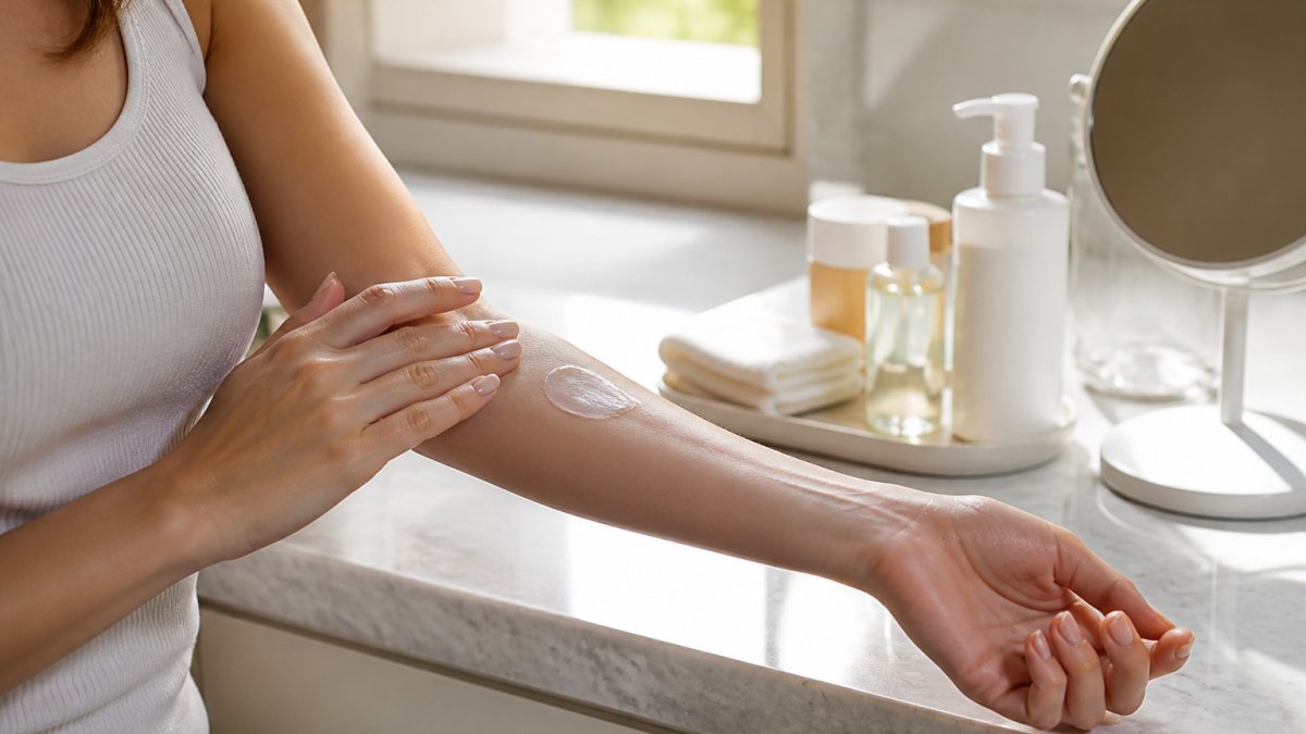 A person performing a mandelic acid patch test on their forearm near skincare products on a bathroom counter.