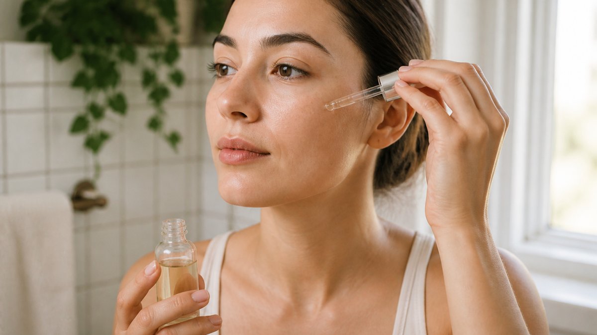 Applying a liquid treatment to the cheek to learn about salicylic acid vs glycolic acid for acne safely.