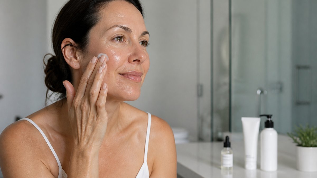 Close-up of a woman in her 40s applying a hydrating moisturizer to her face in a bright bathroom, with sunscreen bottle and gentle cleanser on the counter beside her