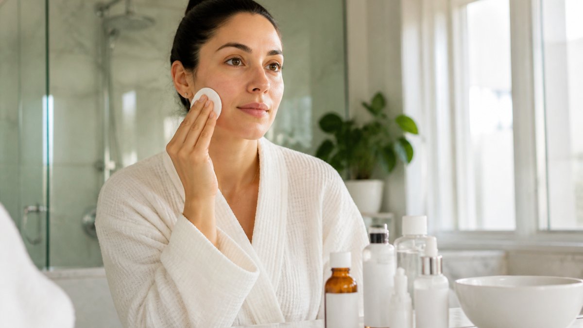 A woman in her 30s applying glycolic acid toner to her face with a cotton pad in a bright bathroom, skincare products arranged neatly on the counter